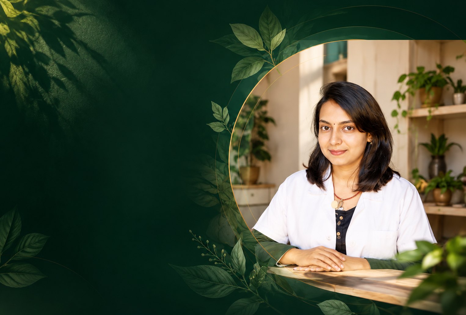 Dr. Namrata in her clinic, framed by a gold circle