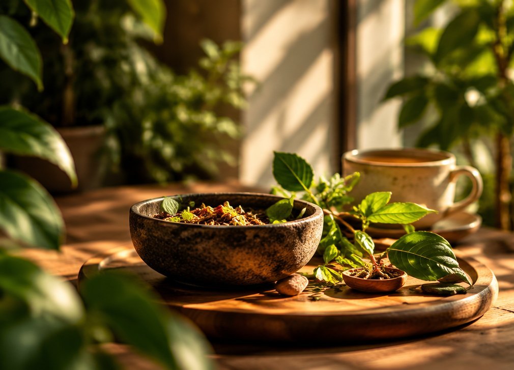 Herbs in a stone bowl with tea on a wooden tray