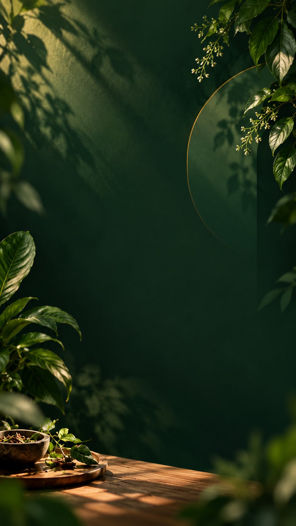 Leaf shadows on a deep green wall
