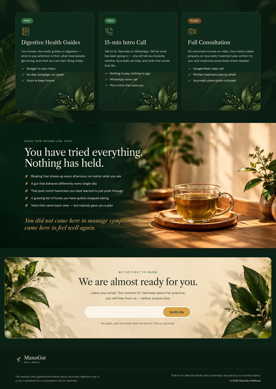 ManoGut Wellness home page, lower half