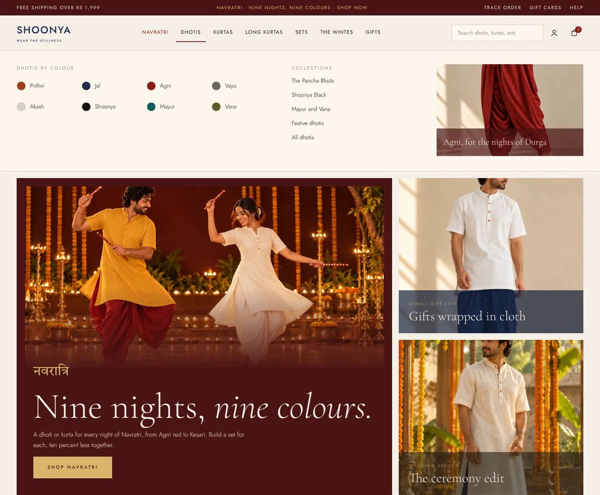 Navratri at the top, the dhoti menu sorted by colour