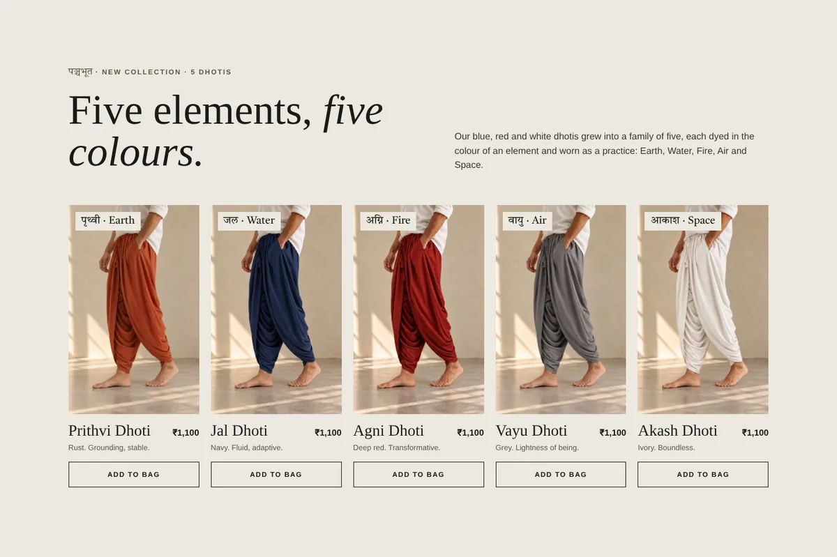 The Pancha Bhuta collection: five dhotis, each named after an element